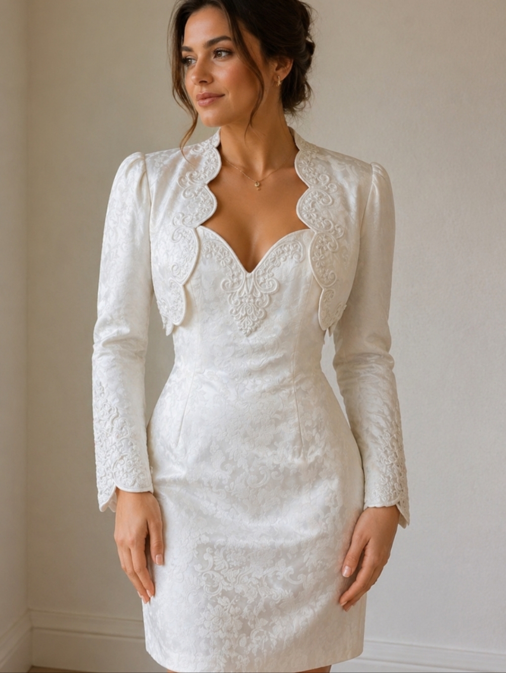 Vintage Bridal Jacquard Satin Strapless Wedding Dress + Bolero Jacket Reception